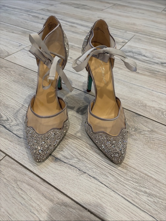 Betsey Johnson Shoes - Betsey Johnson Nude Mesh Crystal Pointed-Toe Ankle-Tie Heels